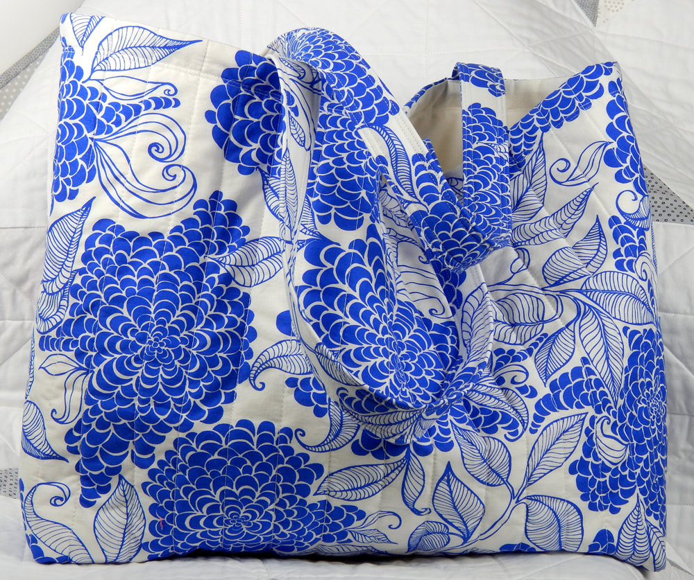 Blue white travel tote bag quilted fabric bag