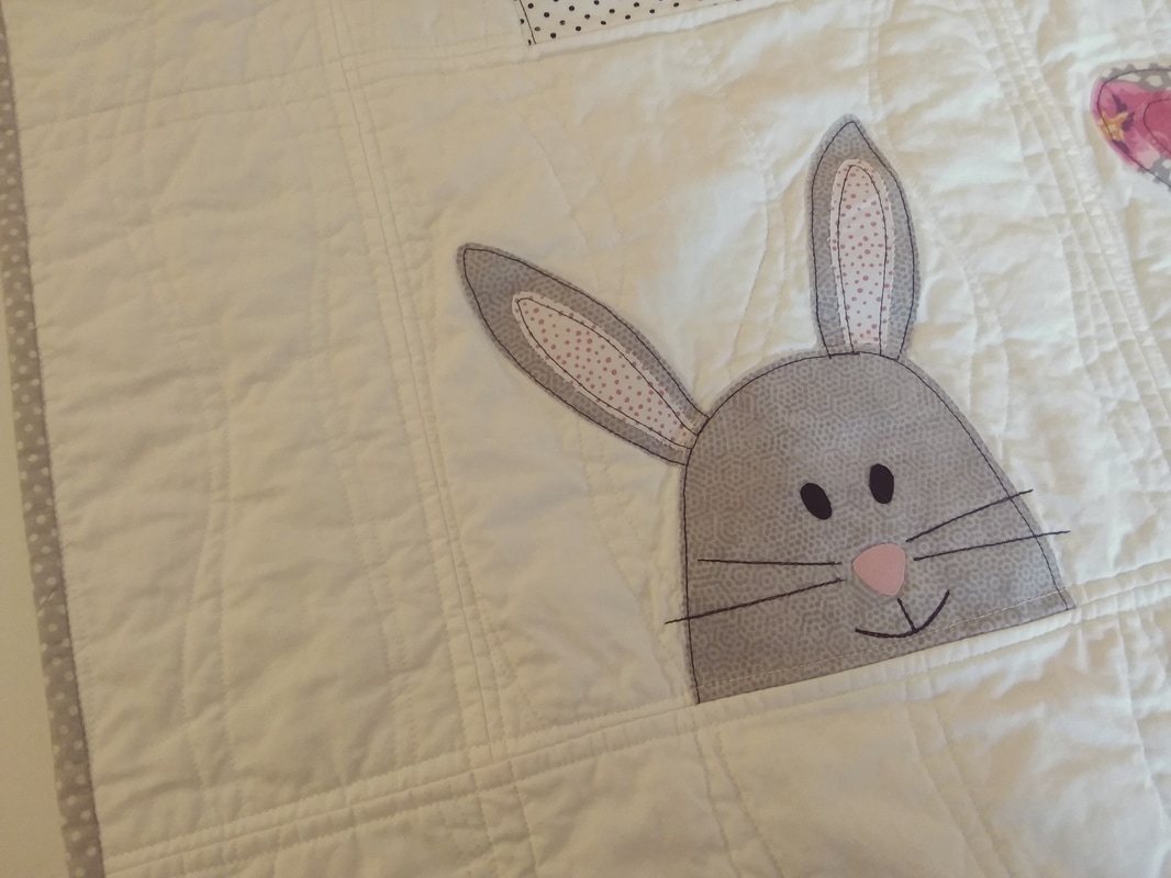 gray white baby quilt or baby blanket bunny quilt handmade